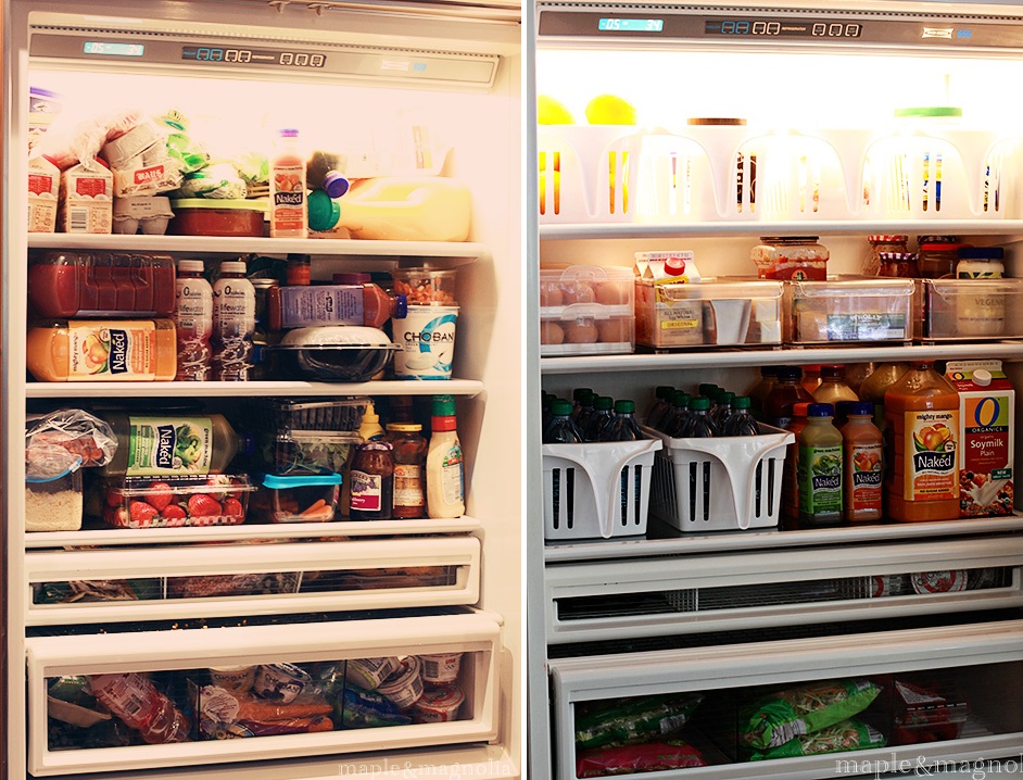 Компактно и аккуратно разложенные продукты на полках холодильника
