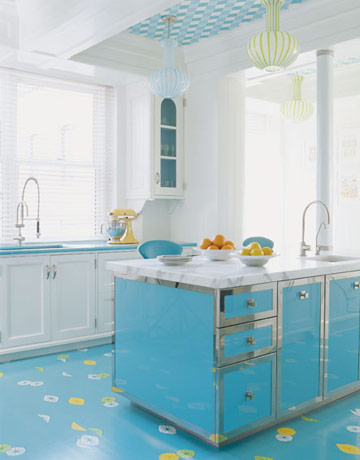 house beautiful colorful kitchen turquoise blue cabinets 1960s ceiling lamps italian william diamond anthony baratta white statuary marble
