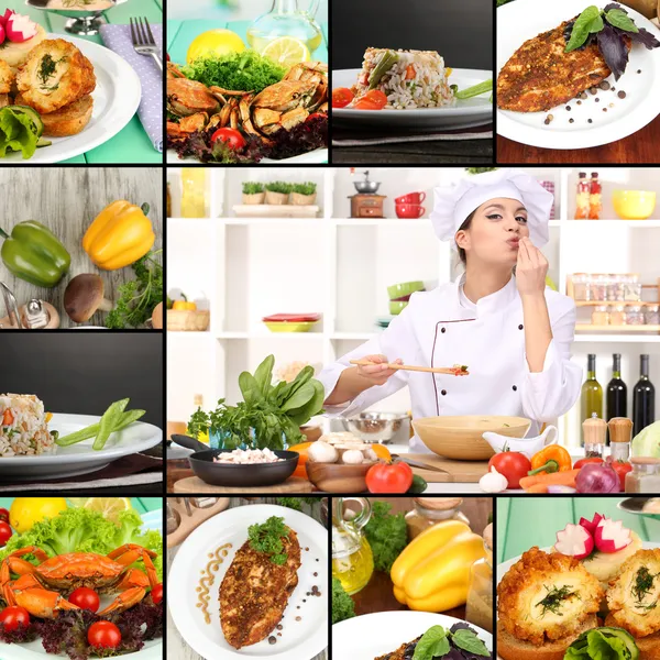 Коллаж на кулинарные темы, состоящий из блюд и повара — стоковое фото