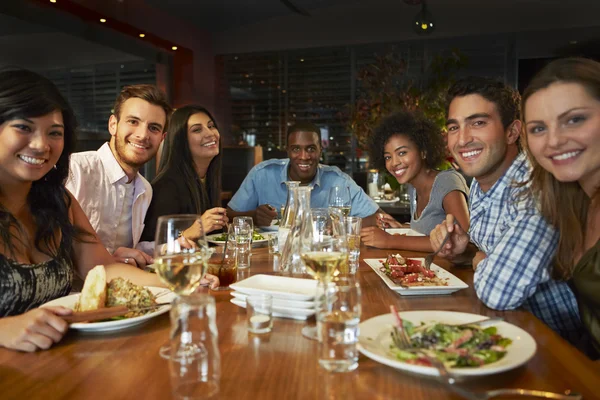 Группа друзей, наслаждаясь ужином в ресторане Лицензионные Стоковые Изображения