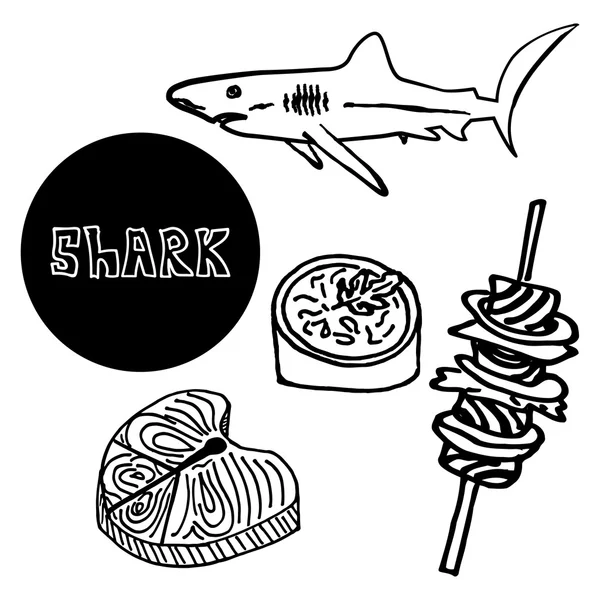 Суп из морепродуктов плавник акулы, шашлычки из мяса акулы, колбасные изделия, роскошь продуктов питания — стоковый вектор