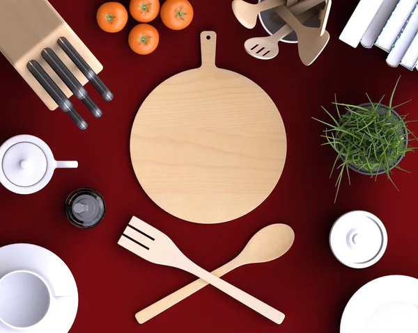 Кухня со столом и кухонные принадлежности Лицензионные Стоковые Изображения