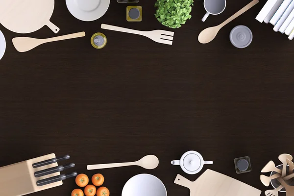 Кухня со столом и кухонные принадлежности Лицензионные Стоковые Фото