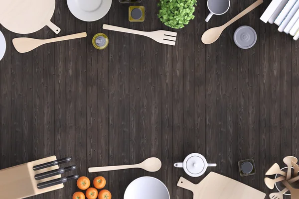 Кухня со столом и кухонные принадлежности Стоковая Картинка