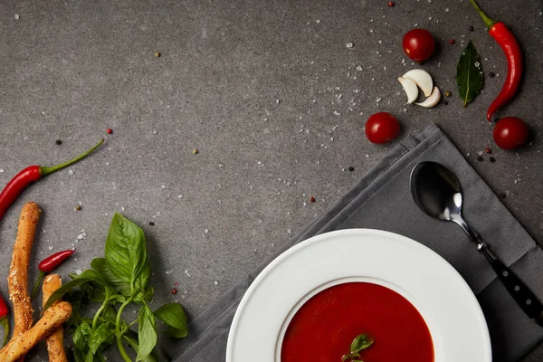 Top View Tasty Tomato Soup Plate Napkin Grey Table Стоковое Фото