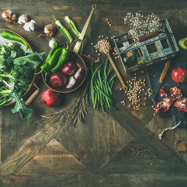 Зимние Вегетарианские Веганское Питание Приготовление Ингредиенты Над Деревянными Фоне Стоковая Картинка