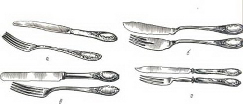 Ножи и вилки: а - столовые; б - рыбные; в - закусочные; г - десертные