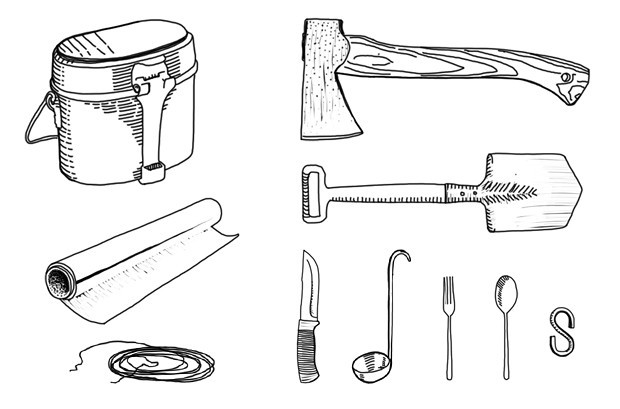 Армейский котелок, приборы, S-образный крюк, фольга, проволока, лопата, топор, нож. Изображение № 1.