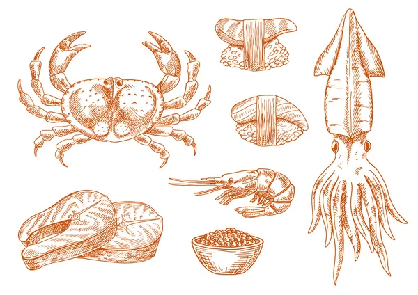 Seafood platter fresh ingredients sketch symbol — стоковый вектор