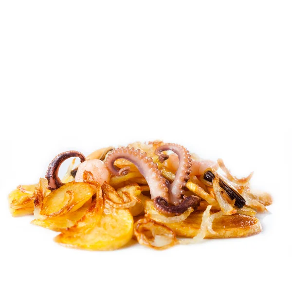 Осьминоги, каракатицы, мидии, креветки и жареным картофелем. Белый фон Стоковое Изображение