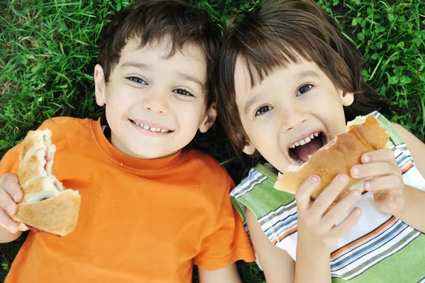 Два милых мальчика, кладущие на земле в природе и счастливо едящие здоровую еду — стоковое фото
