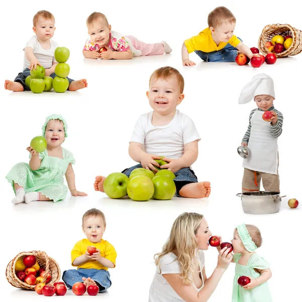 Симпатичные дети с здоровую пищу яблоки. Изолированные на белом фонов — стоковое фото